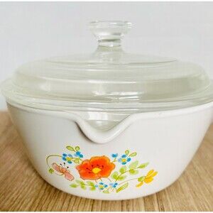 Vintage Corning Ware Wildflower Saucepan with Pour Spout and Pyrex Lid – 1970s